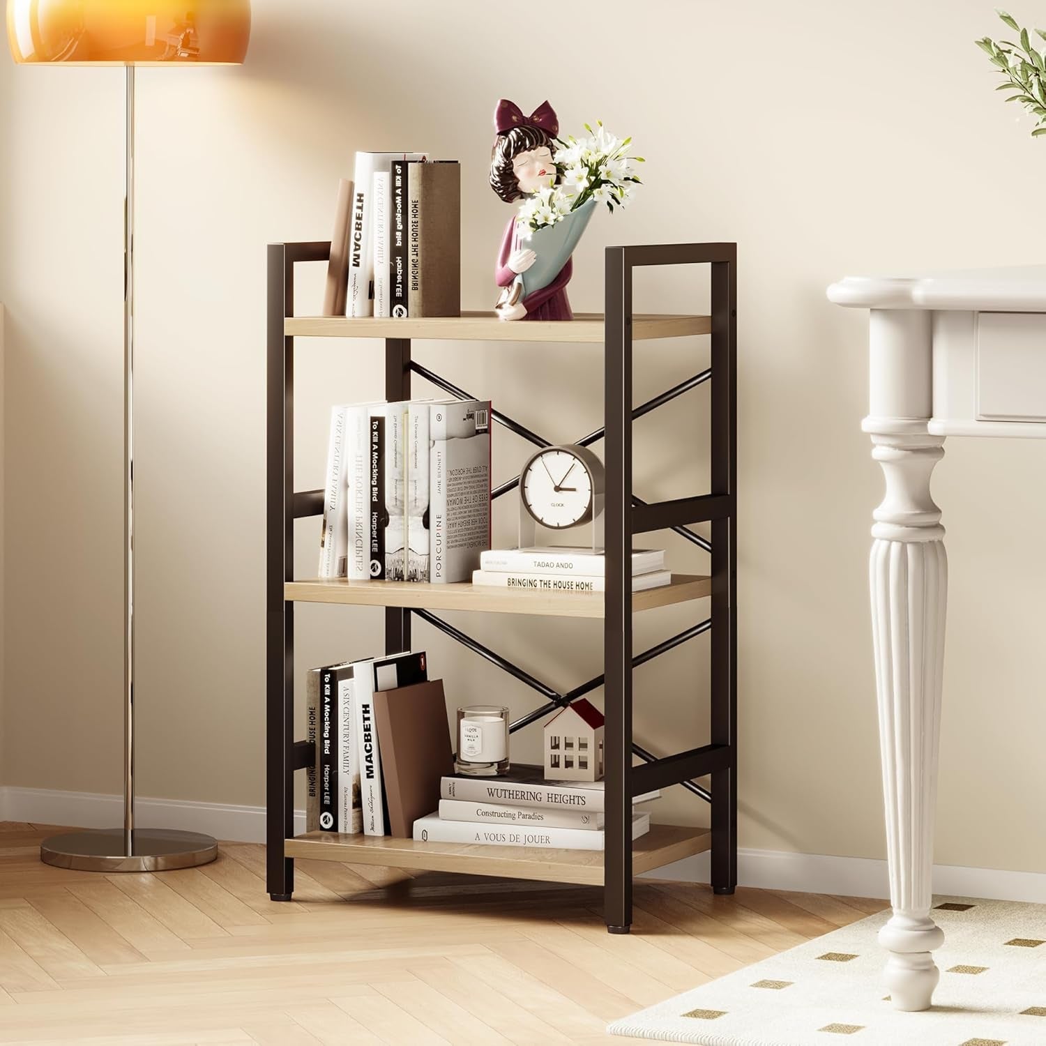 3 Tier Industrial Metal Bookcase Rustic Etagere Shelf Light Coffee
