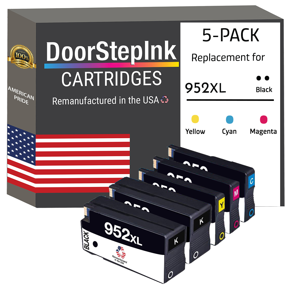 DoorStepInk Brand for HP 952XL 2 Black / 3 Color 5-pack Remanufactured in the USA Ink Cartridges