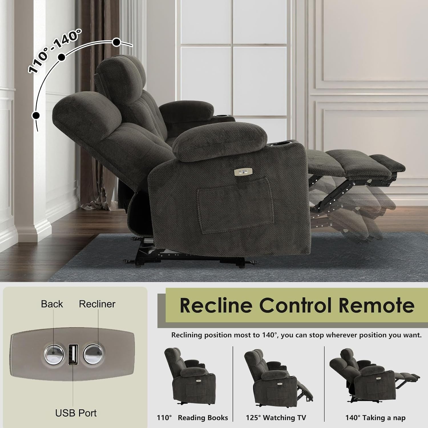 80 Inch Massage Recliner Sofa With Remote And USB Ports