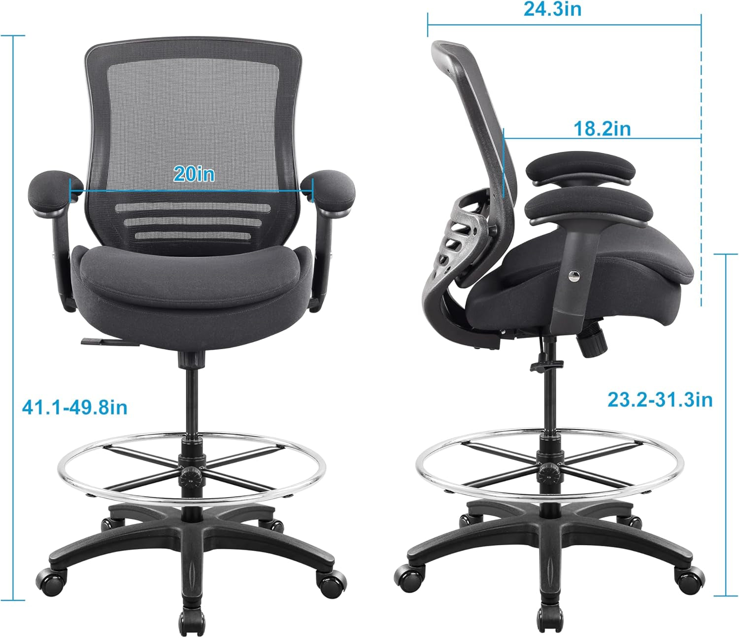 400Lbs Ergonomic Drafting Chair Adjustable Foot Ring