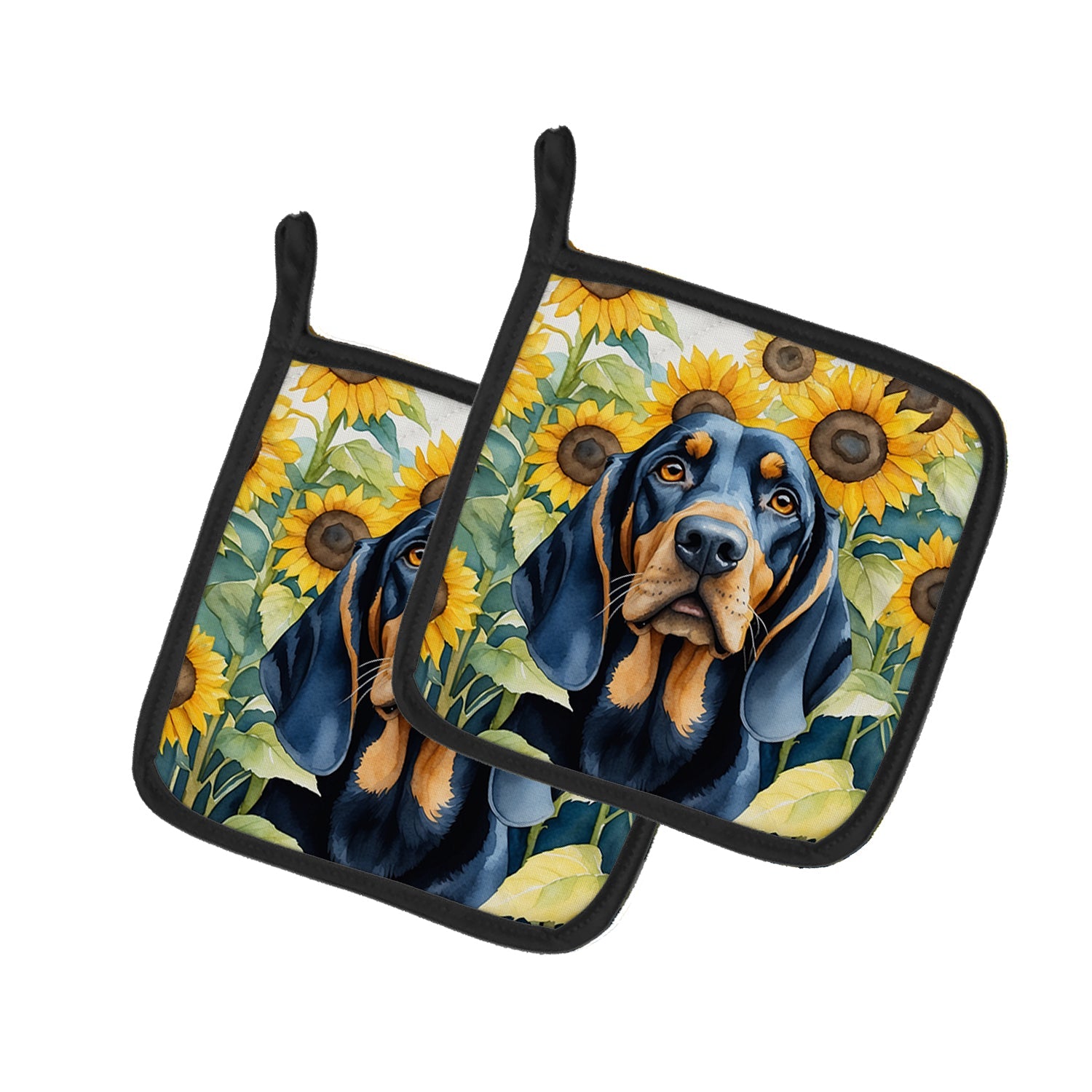 Black and Tan Coonhound in Sunflowers Pair of Pot Holders