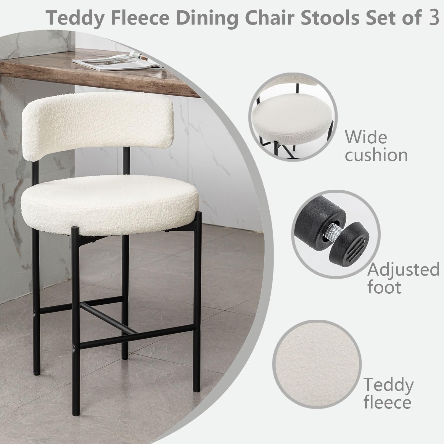 Boucle Bar Stools Set Of 3 24 Inch White Upholstered Counter Stools With Backs