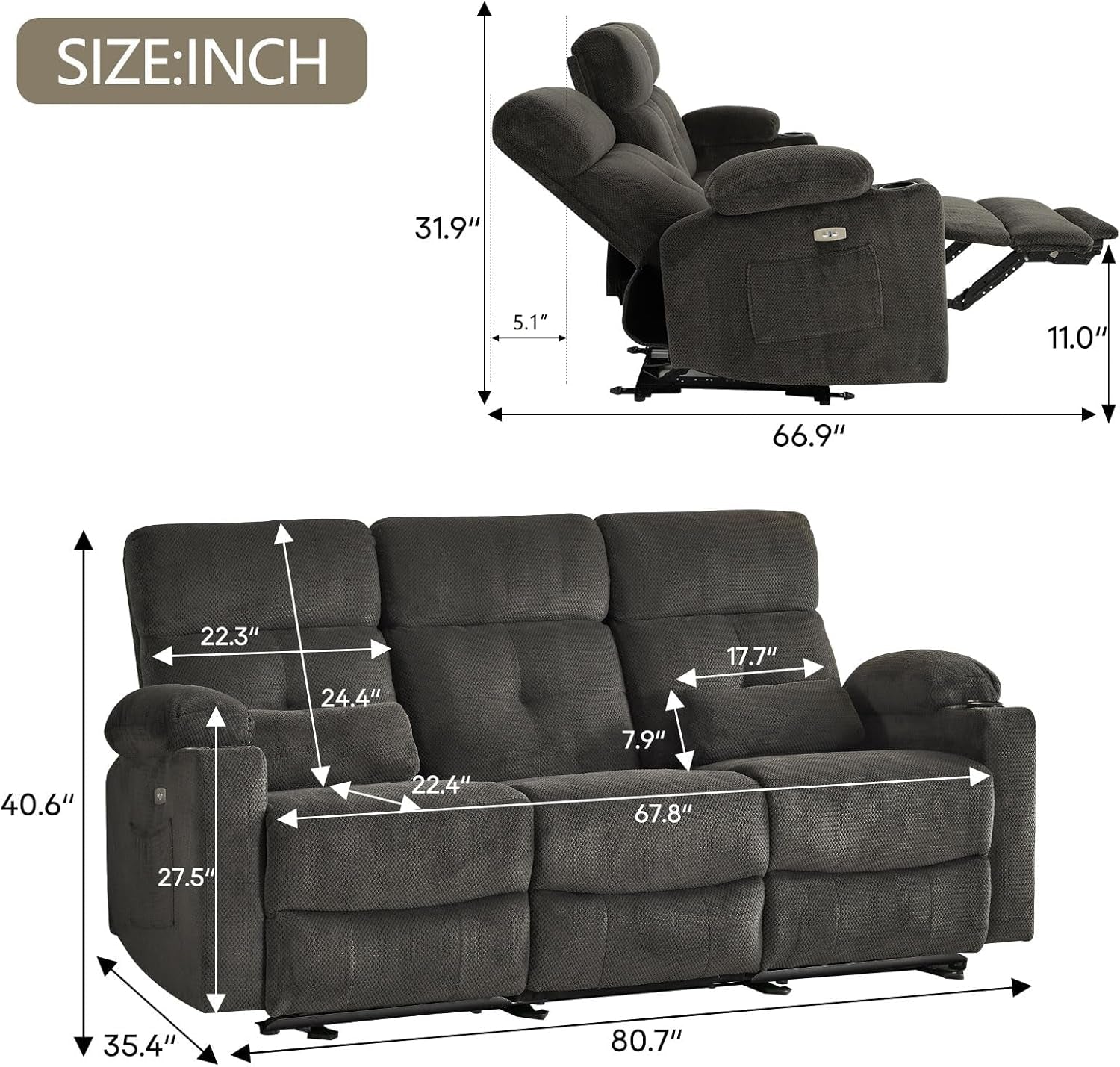 80 Inch Massage Recliner Sofa With Remote And USB Ports